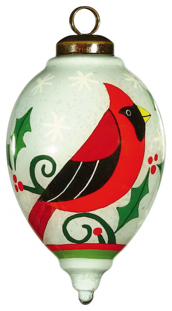 Festive Glitter Red Cardinal Hand Painted Mouth Blown Glass Ornament