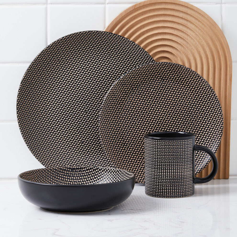 Stone Lain Daisy Stoneware 32 Piece Dinnerware Set, Brown and Black