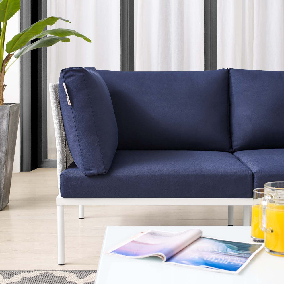 Lounge Loveseat Sofa, Sunbrella, Aluminum, Metal, White Blue Navy, Outdoor