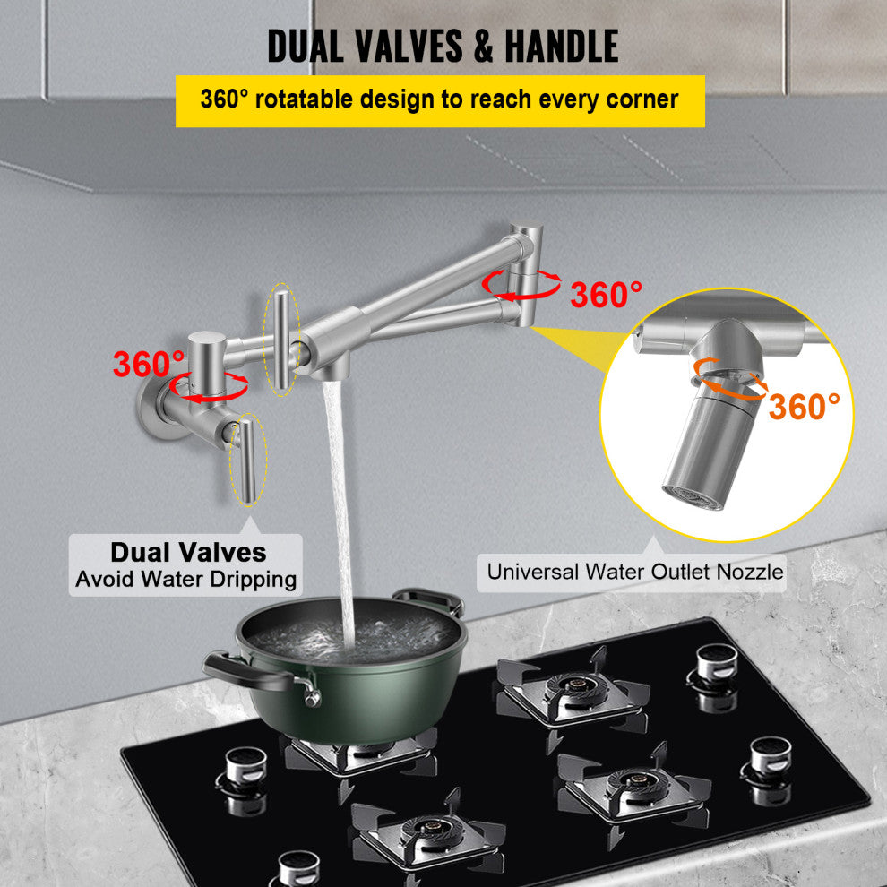 VEVOR Pot Filler Faucet Solid Brass Wall Mount Kitchen Faucet 24.4", Brushed Nickel