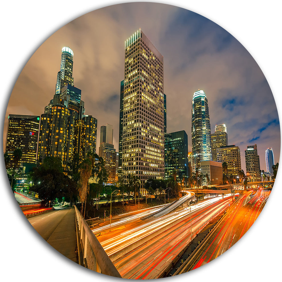 Los Angeles Yellow Skyline Night, Cityscape Disc Metal Wall Art, 11"