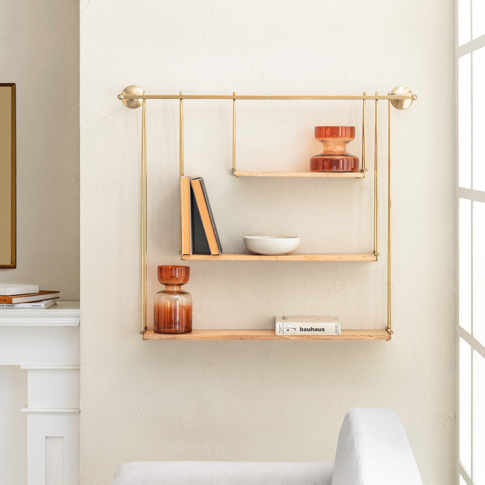 Luna Three Tier Wall Mounted Shelf, Gold, Natural Wood