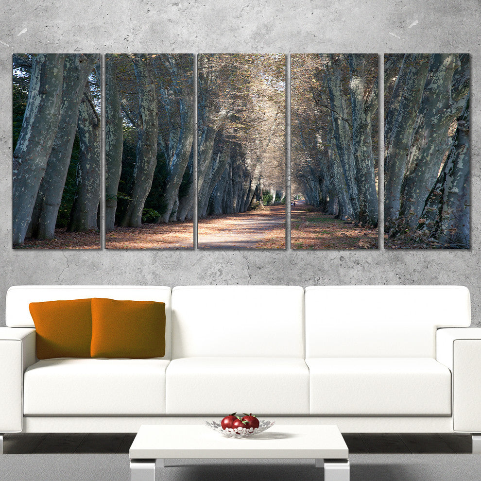 Road in Thick Autumn Woods, Modern Forest Canvas Art, 60"x28", 5 Panels