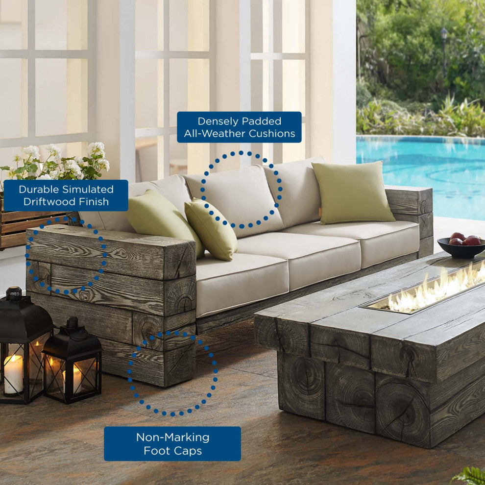Sectional Sofa Chair Set, Sunbrella, Simulated Wood, Gray Beige, Outdoor