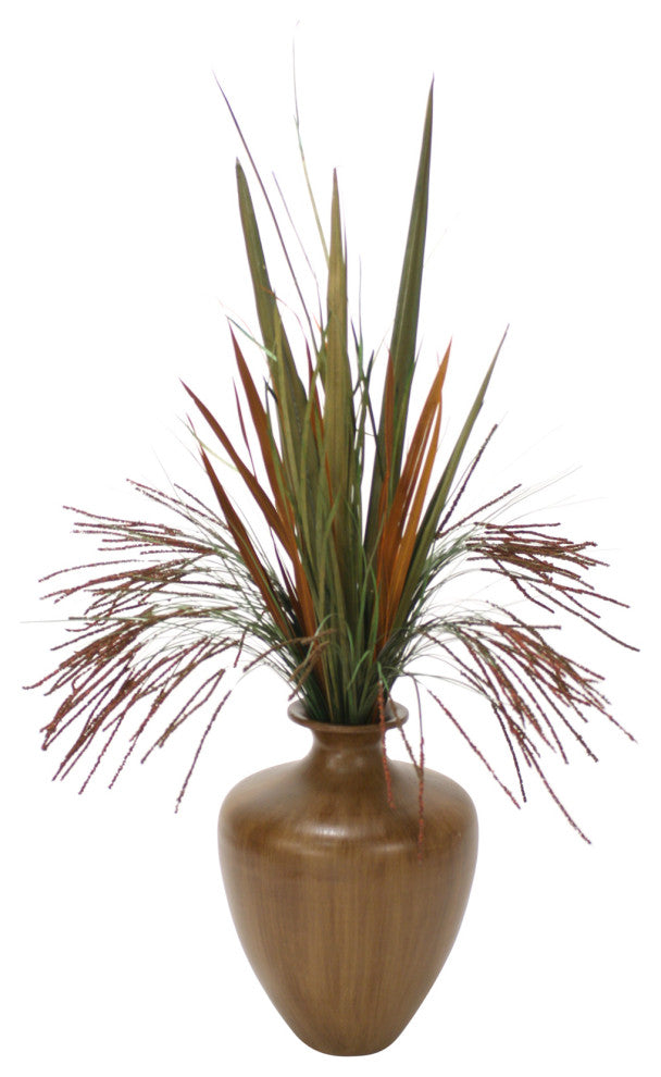 Seeded Grass and Blade Grasses in Brown Vase