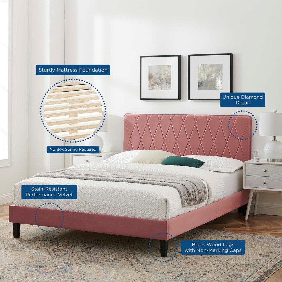 Platform Bed Frame, King Size, Velvet, Pink, Modern Contemporary, Bedroom Master