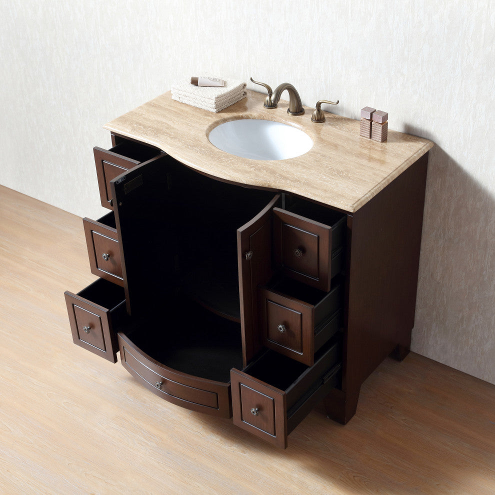 Alandra 40" Dark Cherry Single Sink Bathroom Vanity, Travertine Marble Top