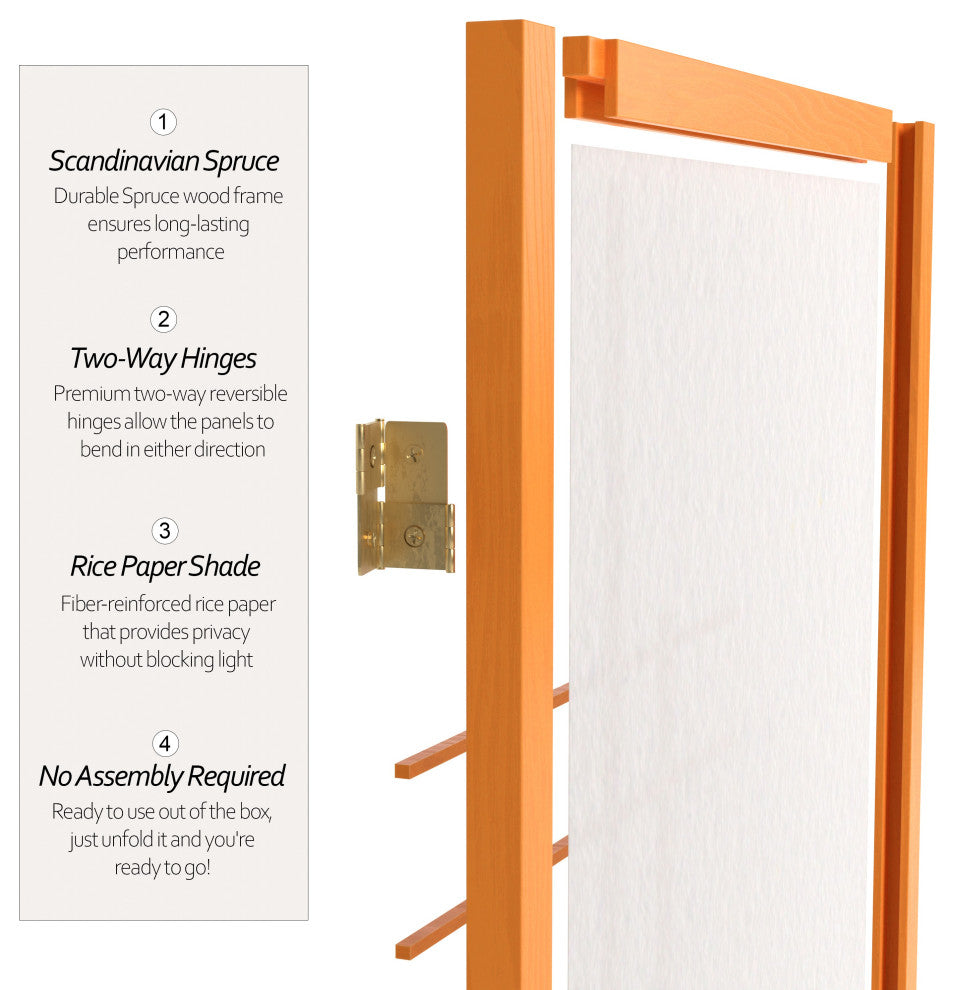 6' Tall Eudes Shoji Screen, Honey, 4 Panels