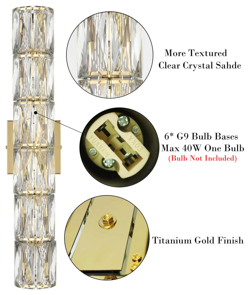 Wall Sconce Modern Crystal Light Bathroom Wall Lighting, Gold, 6-Light