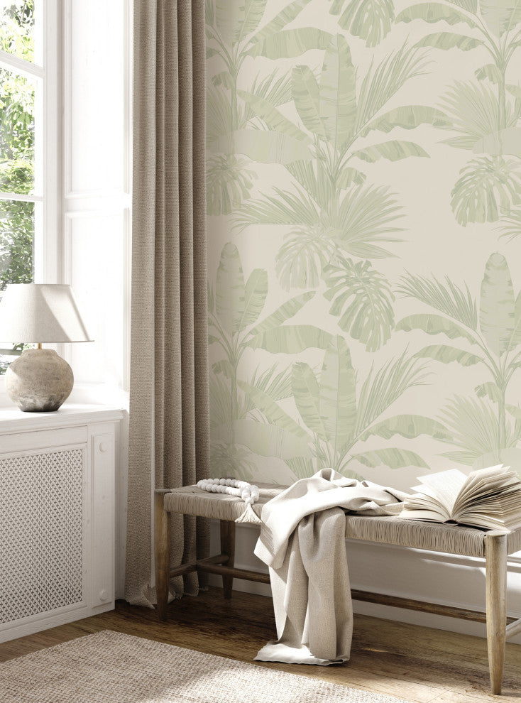 Oceanside Palm Leaves Vinyl Peel and Stick Mural, Green, 24"x108", Single