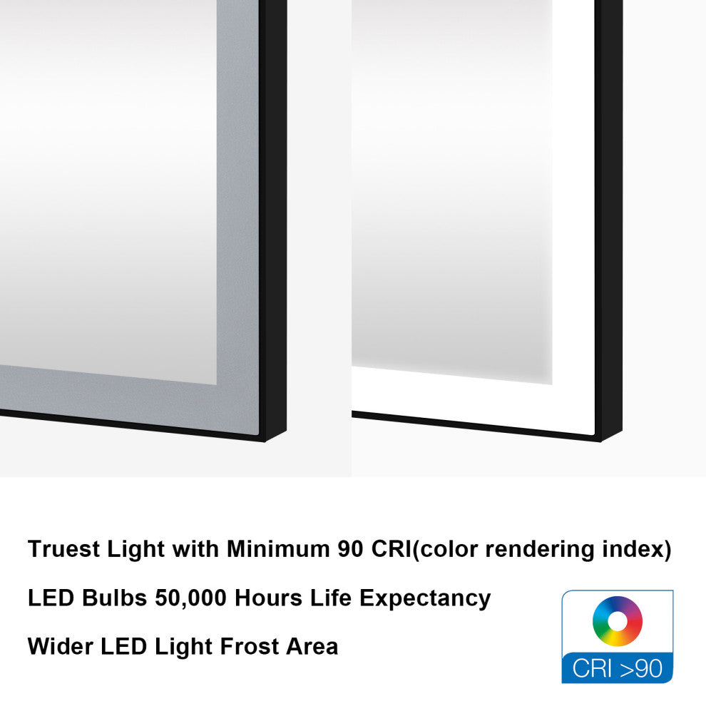Framed LED Lighted Bathroom Vanity Mirror With Defogger, Matte Black, 28"x36"