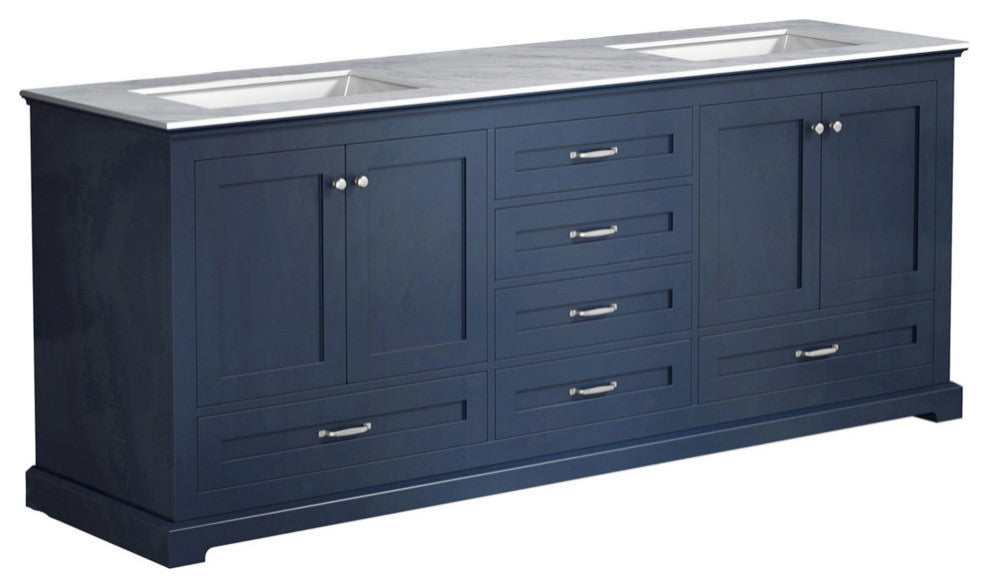 Dukes 80" Vanity, Wht Carrara Marble Top, Wht Sq Sinks & No Mirror, Navy Blue
