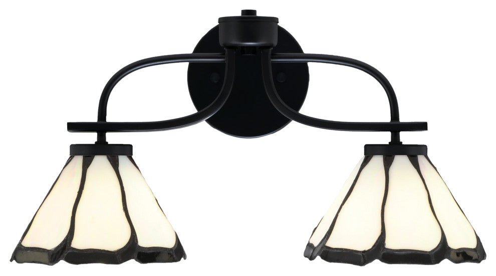 Cavella 2 Light Bath Bar In Matte Black Finish, 7" Pearl & Black Flair Art Glass