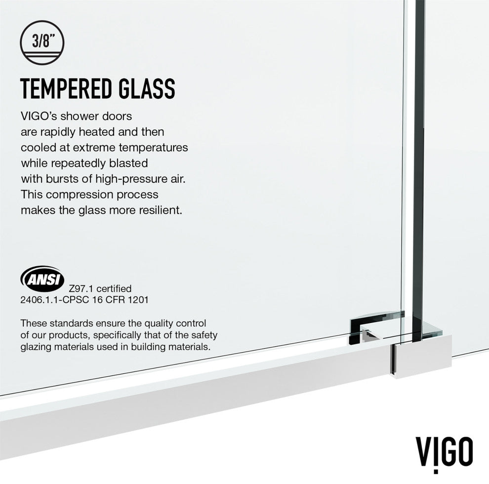VIGO Elan Hart 56" to 60" W x 76" H Frameless Sliding Shower Door, Chrome, Clear Glass