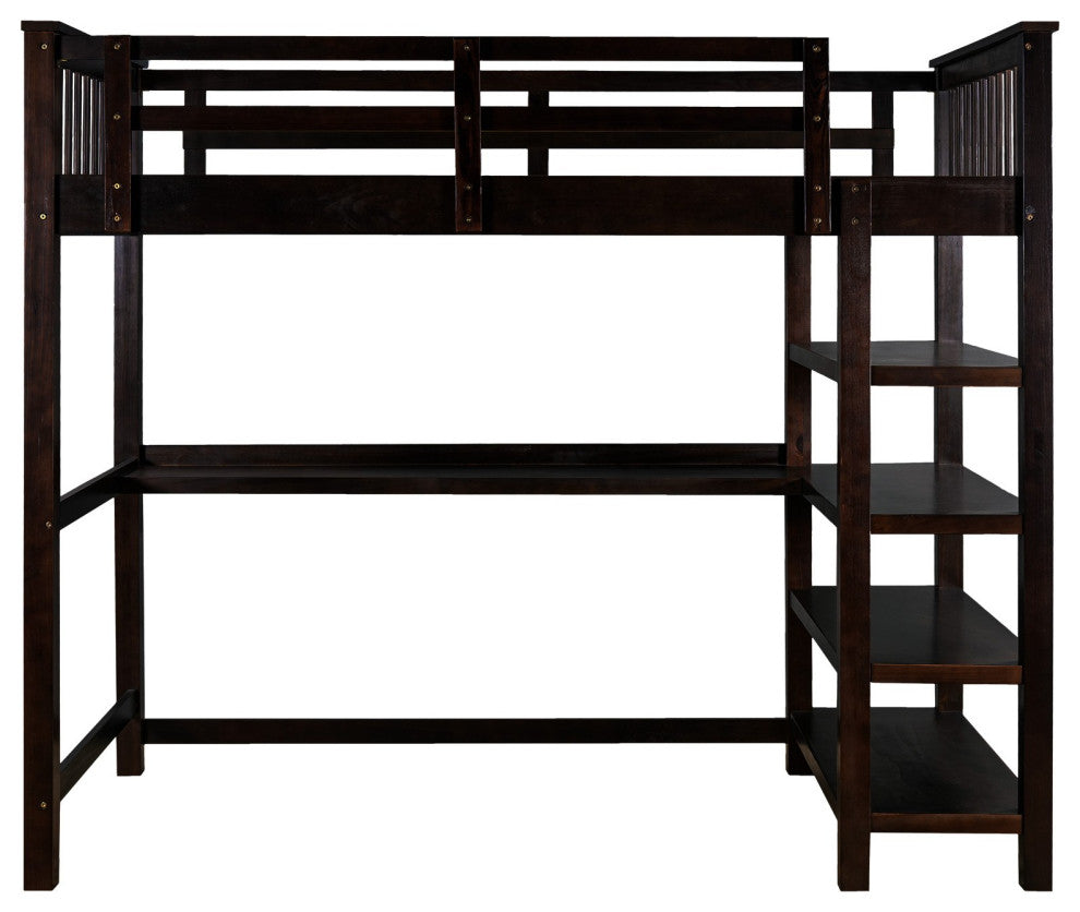 Espresso Twin Size Wood Loft Bed With Storage Shelves and Desk