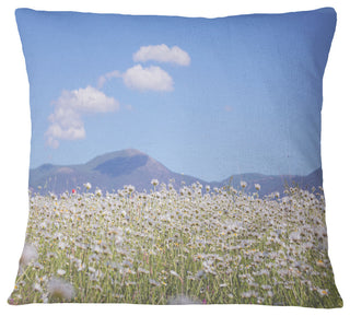 Chamomiles With Hills On Background Flower Throw Pillow, 18"x18"