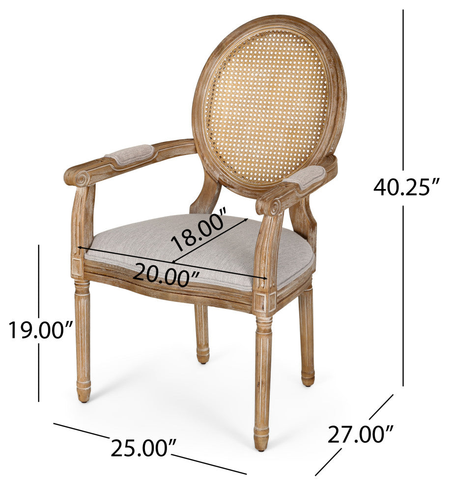 Bryan French Country Upholstered Wood and Cane 5-Piece Circular Dining Set, Natural/Light Gray