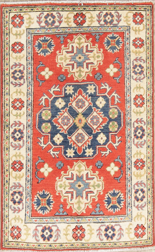 Hand-Knotted Wool Pakistani Kazak  Traditional Oriental Area Rug, Red 4'4"X 2'8"