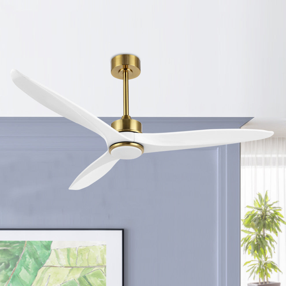 52" Solid Wood 3-Blade LED Ceiling Fan With Remote Control and Light Kit, Gold/White