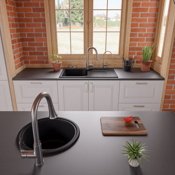 ALFI brand AB1717DI-BLA Black 17" Drop-In Round Granite Kitchen Prep Sink