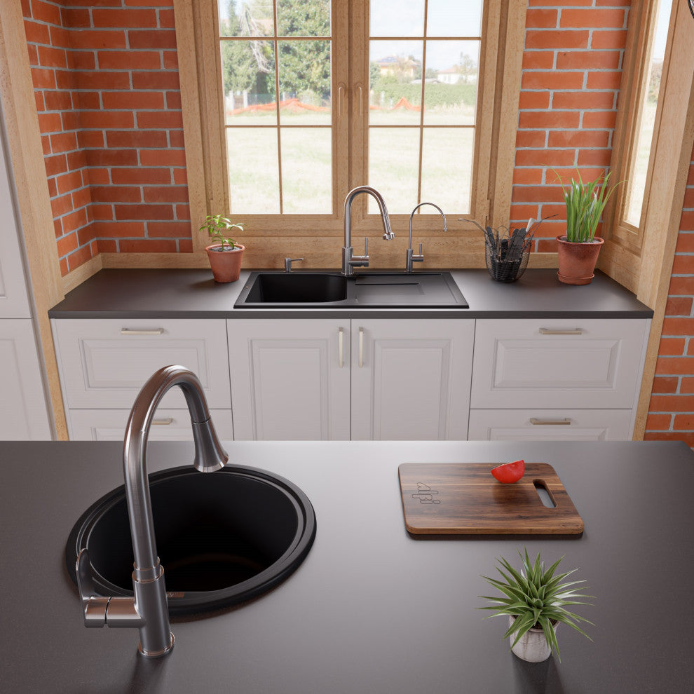 ALFI brand AB1717DI-BLA Black 17" Drop-In Round Granite Kitchen Prep Sink