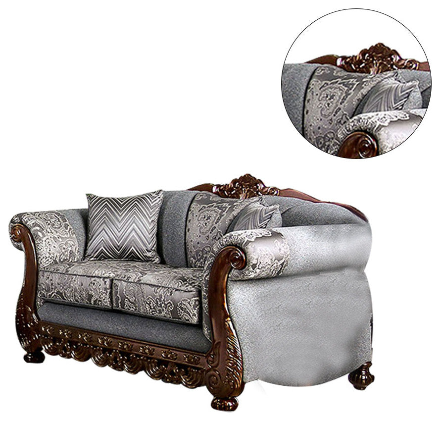 Chenille Love Seat with Wood Trim Design, Gray