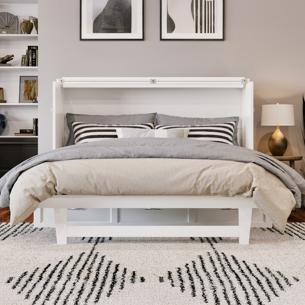 Northfield Queen Solid Wood Modern Murphy Bed Chest with Mattress in White