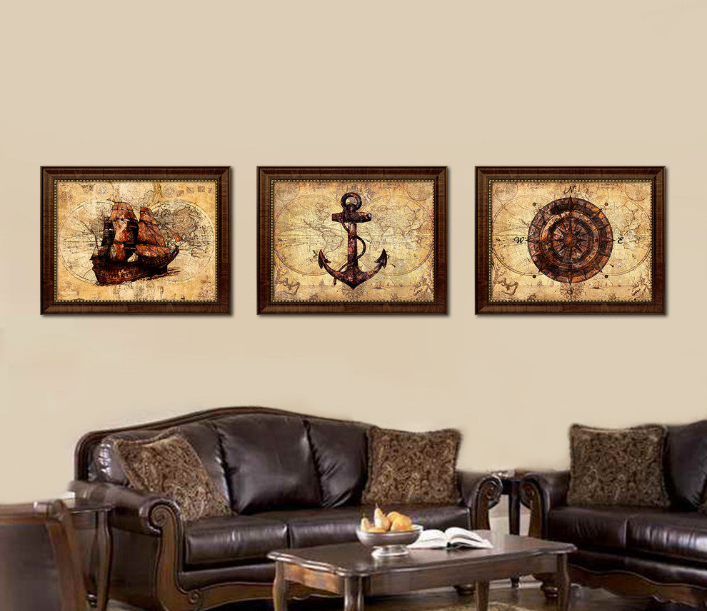 Boat Vintage Nautical Map Print on Canvas with Picture Frame, 21" x 27"