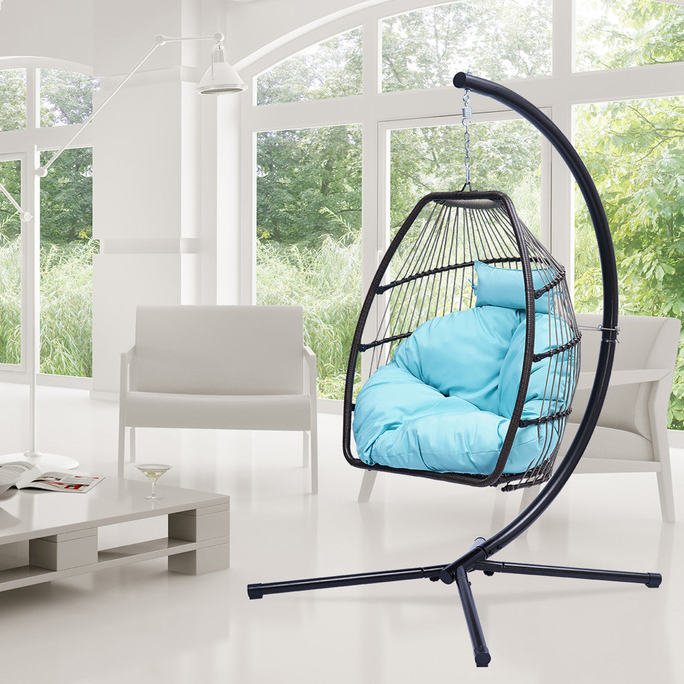 Outdoor Patio Wicker Folding Swing Chair Hanging With Bracket and Cushion Pillow