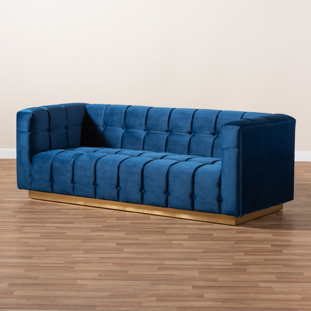 Joetta Glam and Luxe Navy Blue Velvet Fabric Upholstered Brushed Gold Sofa