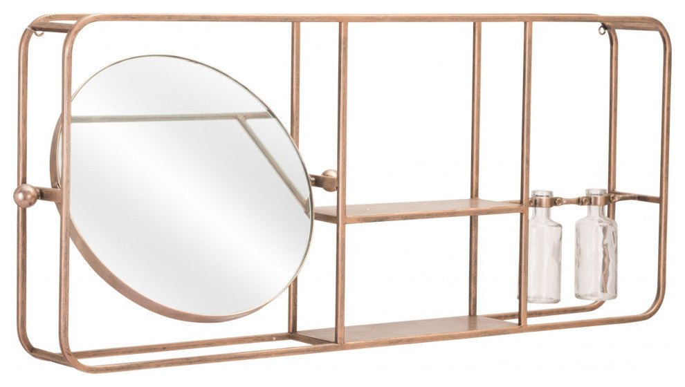 Gold Horizontal Shelf With Round Mirror
