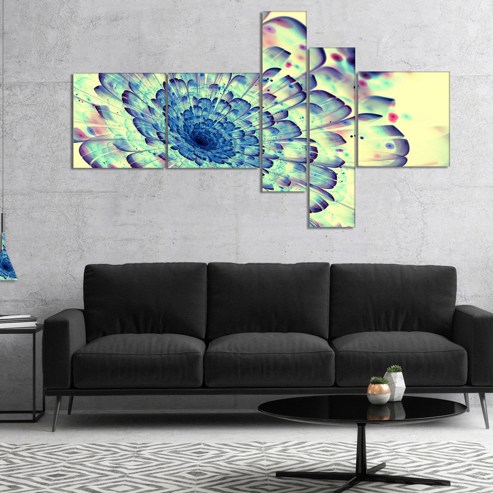 Blue Fractal Flower with Red Details, Abstract Canvas Print, 60"x32", 5 panels
