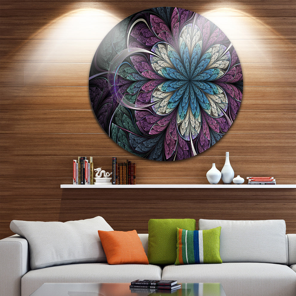 Purple Blue Rounded Fractal Flower, Floral Disc Metal Wall Art, 23"
