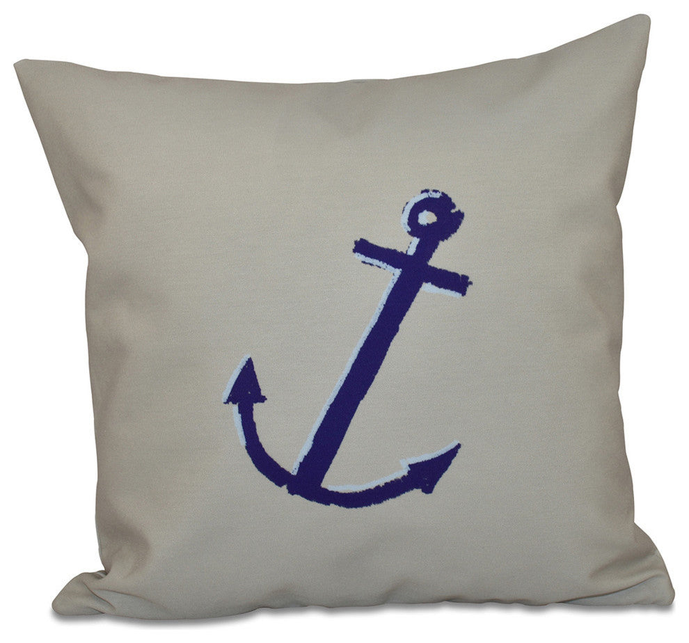 Polyester Decorative Pillow, Anchor, Blue, Off-White, 16"x16"