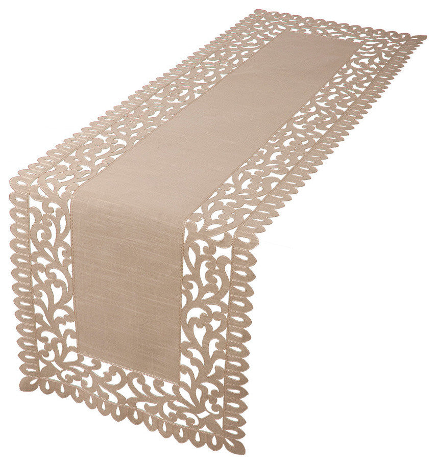 Vine Embroidered Cutwork Table Runner, Burlywood, 16"x54"