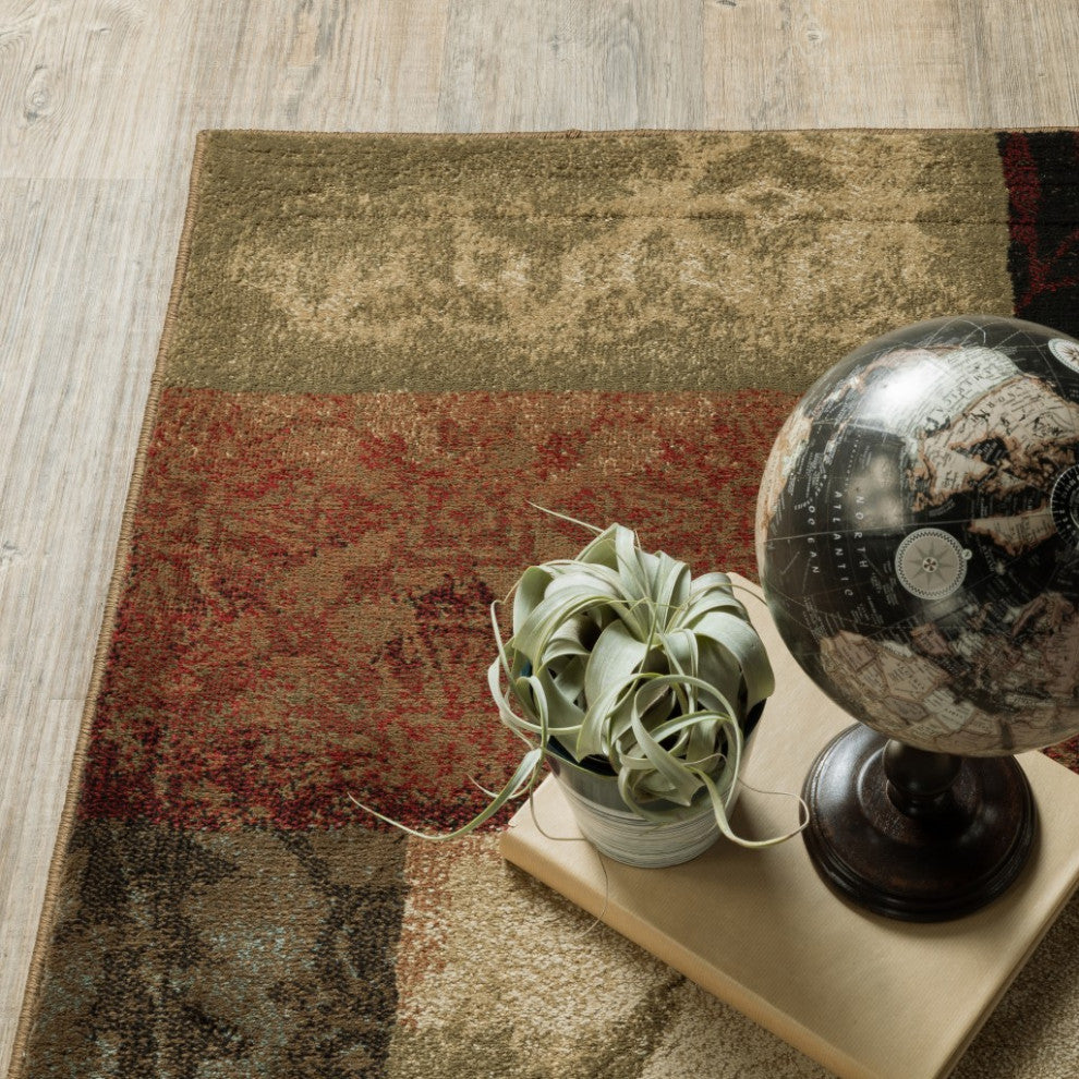 10" x 13" Beige and Brown Floral Block Pattern Area Rug