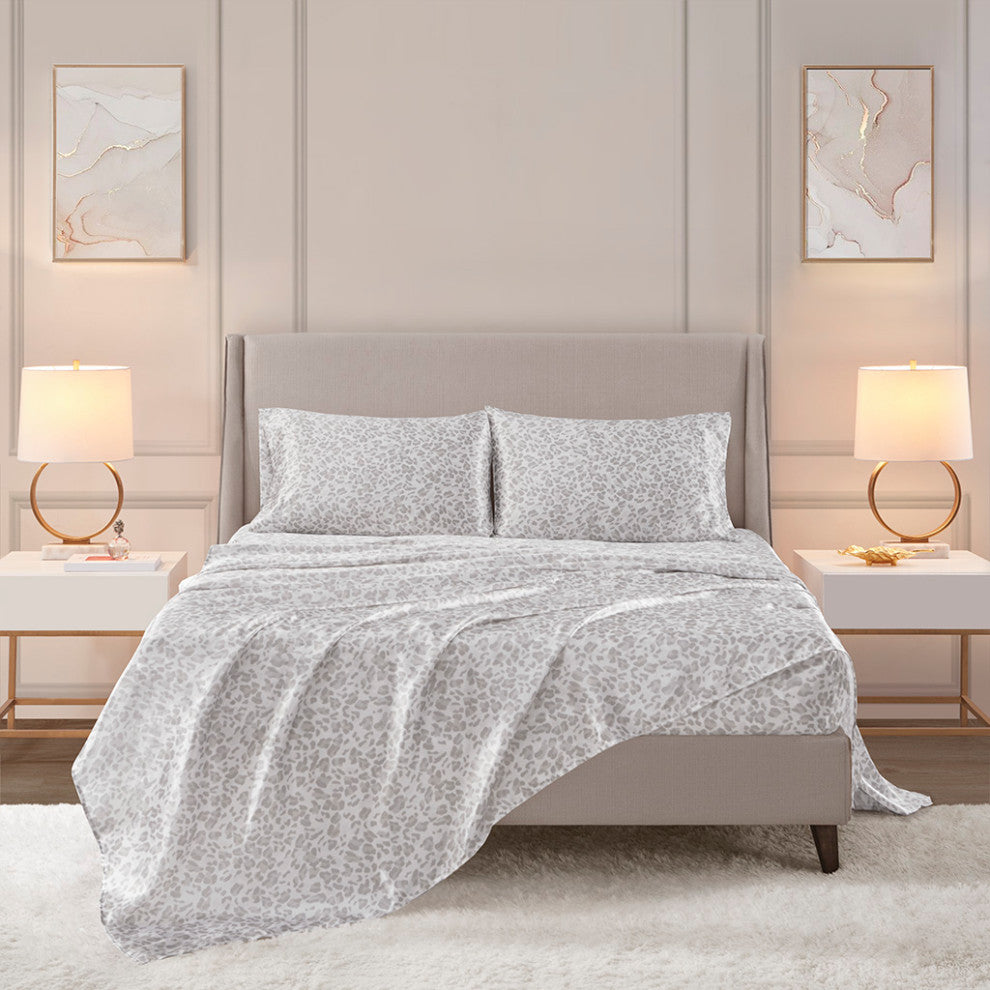Madison Park Essentials Printed Satin Sheet Set, Full Gray Leopard