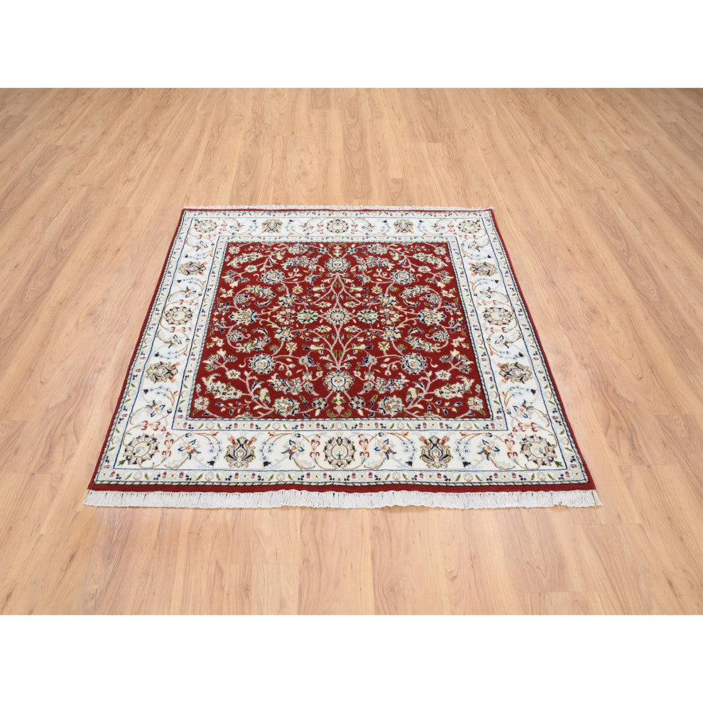 Red, Hand Knotted Nain, 250 KPSI Wool and Silk, Square Oriental Rug, 5'0" x 5'1"