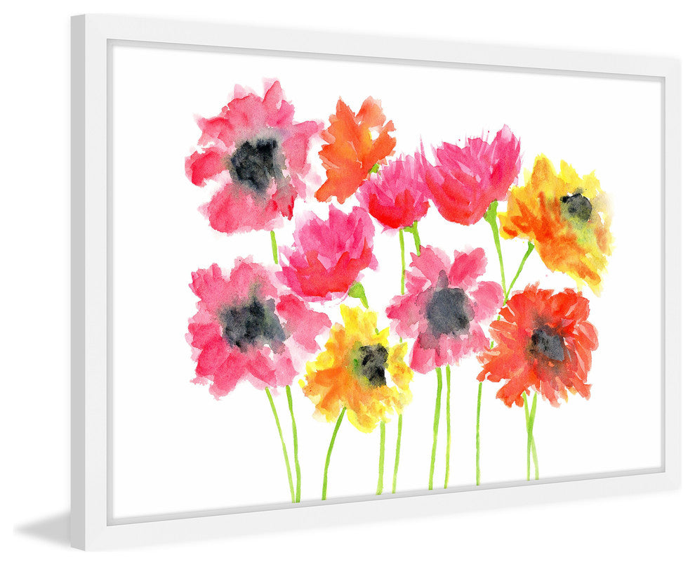 Marmont Hill, "Bold Zinnias" by Thimble Sparrow Framed Painting Print, 36x24