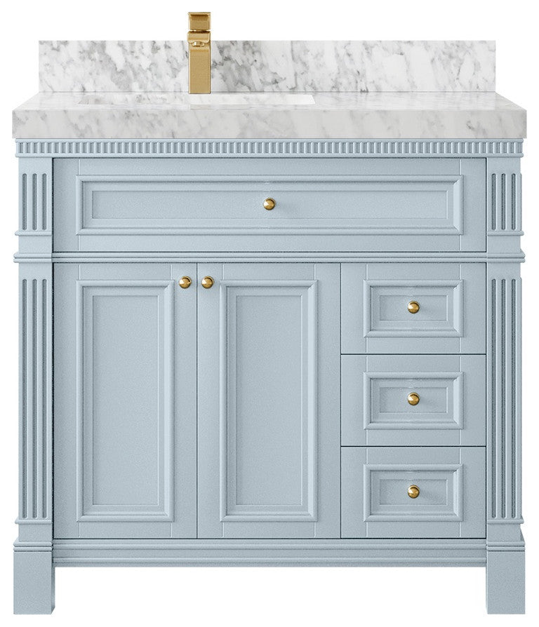 Paris 36" Left Offset Bathroom Vanity, Blue Heather 2" Carrara Marble
