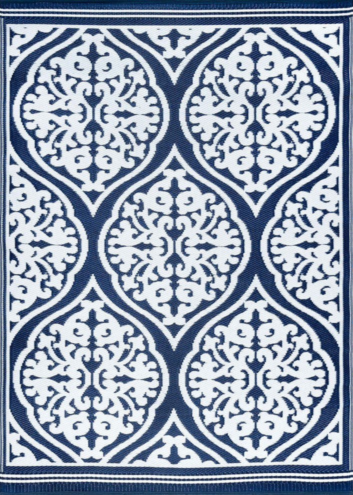 Kingman Transitional Damask Navy/White Rectangle Indoor/Outdoor Area Rug, 8'x10'