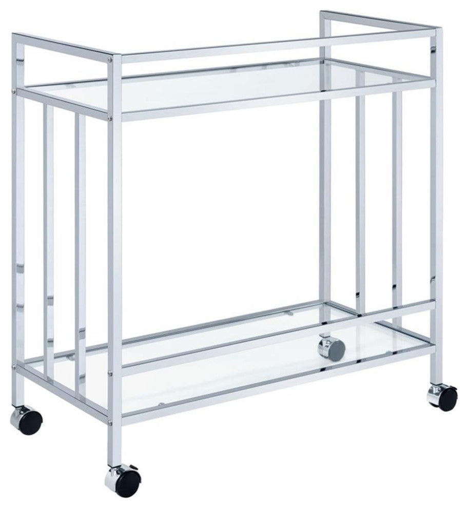 Coaster Cara Contemporary Rectangular Glass Bar Cart in Chrome and Clear