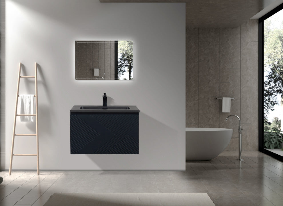 Matte Black Wall Mount Bath Vanity, Integrated Sink, Black Sink, 30"