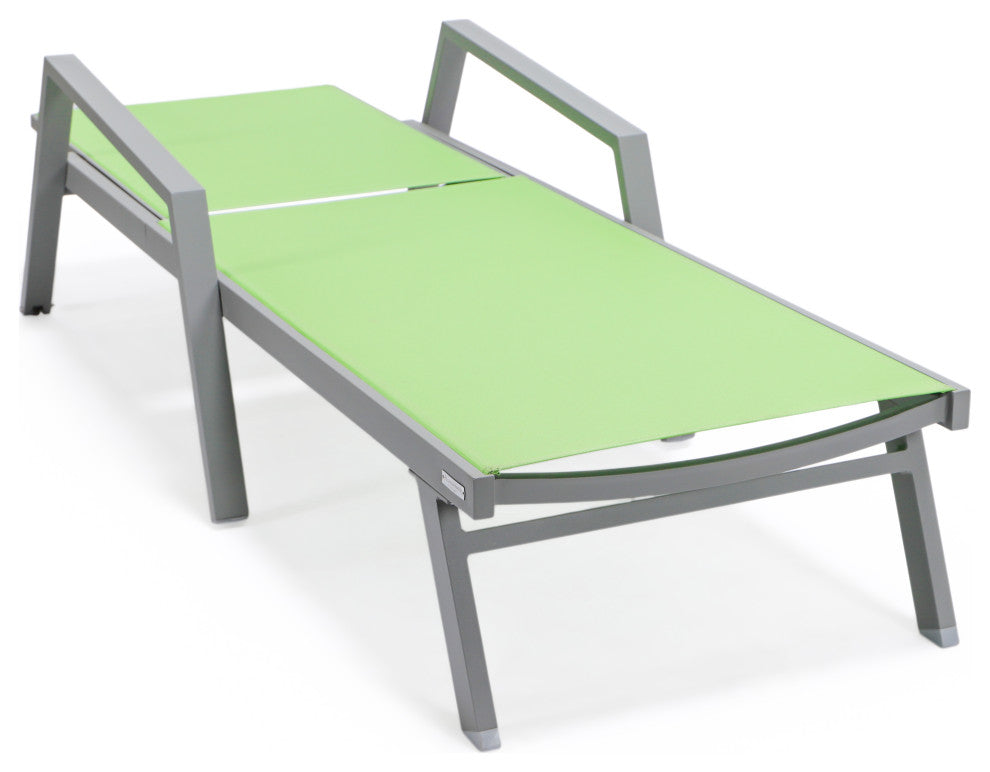 LeisureMod Marlin Patio Chaise Lounge Chair With Arms Gray Frame, Green