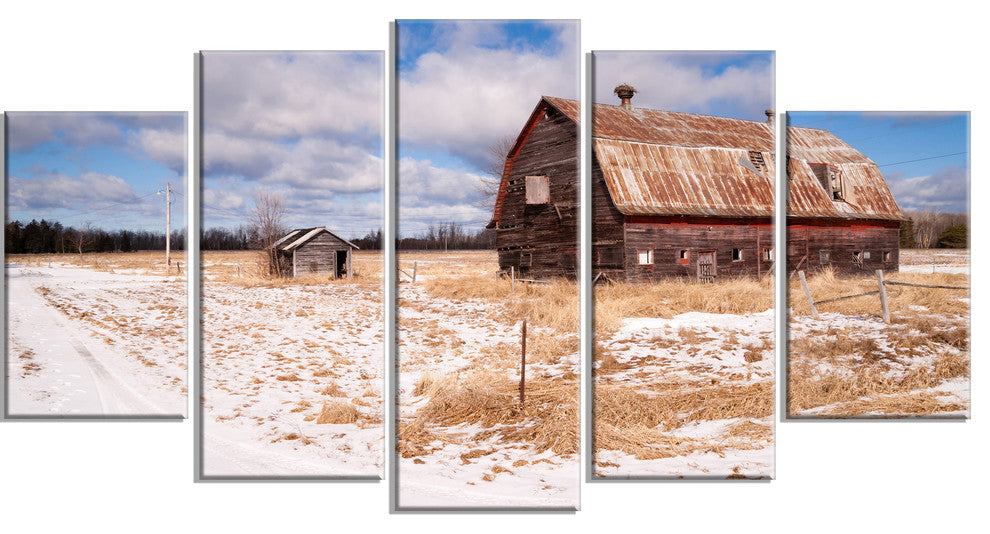 Farm Field Barn Ranch, Landscape Canvas Art Print, 60"x32", 5 Panels
