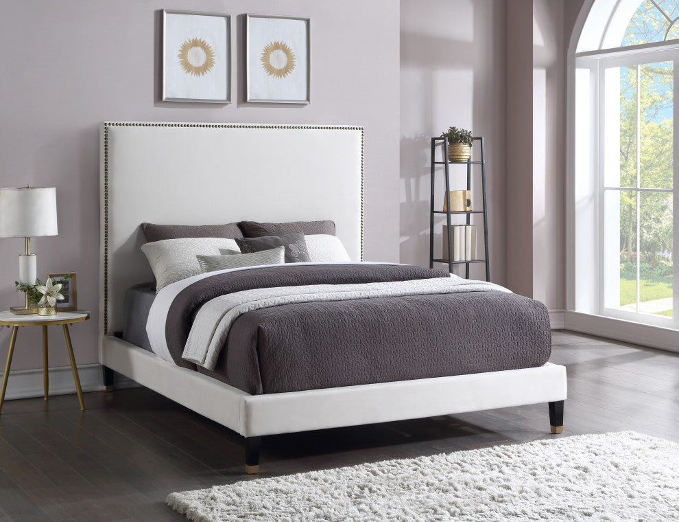Harlie Velvet Upholstered Bed, Cream, Full