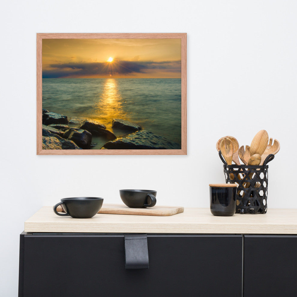 Sun Ray on the Water Coastal Landscape Framed Photo Paper Wall Art Print, Red Oak, 16" X 20"