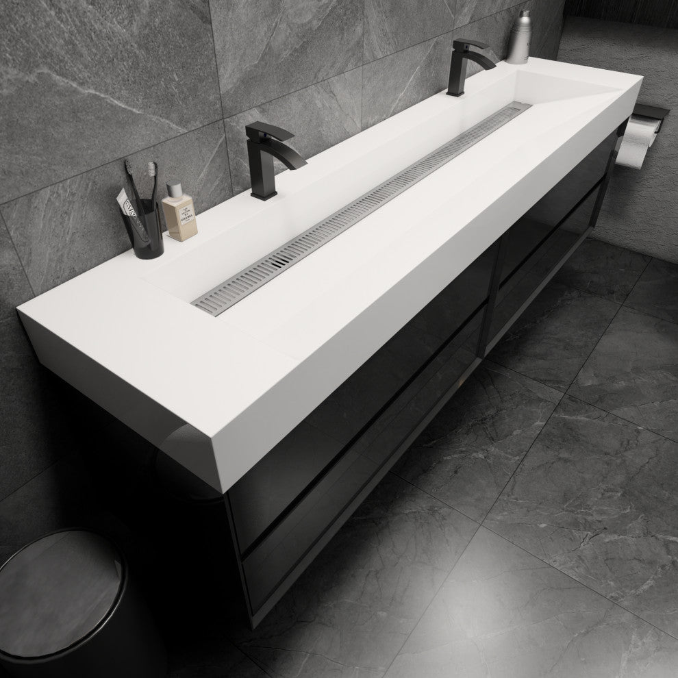 MAX 84" Double Floating Bath Vanity With Acrylic Sink, Coffee Wood, Gloss Black