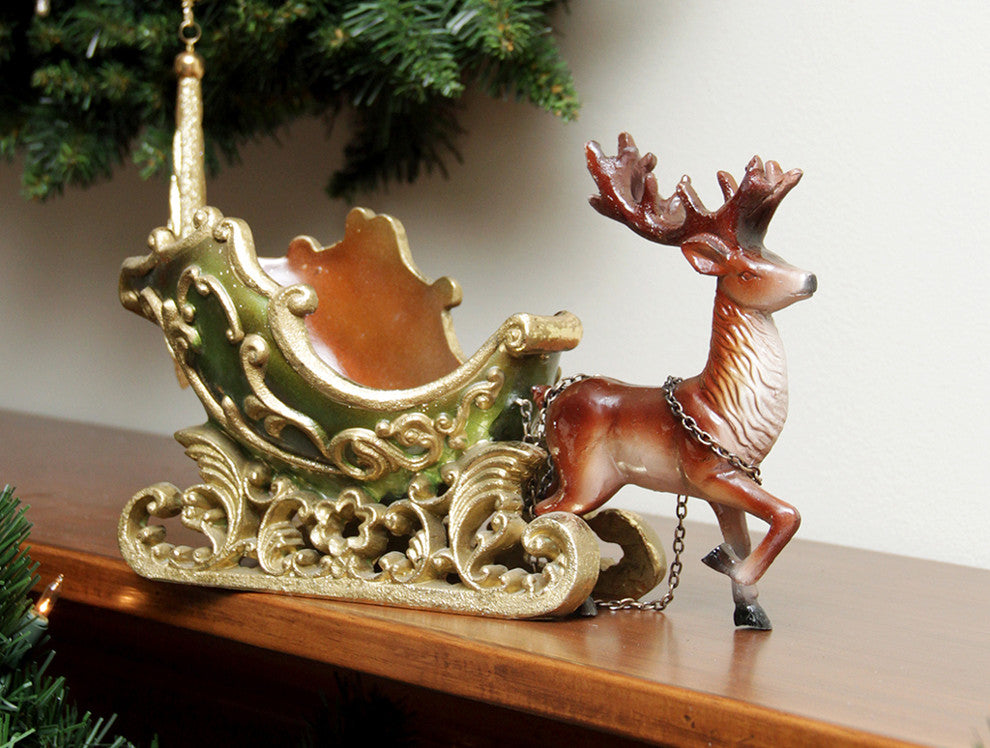 7.5" Elegant Green And Gold Sleigh With Reindeer Christmas Table Top Decoration