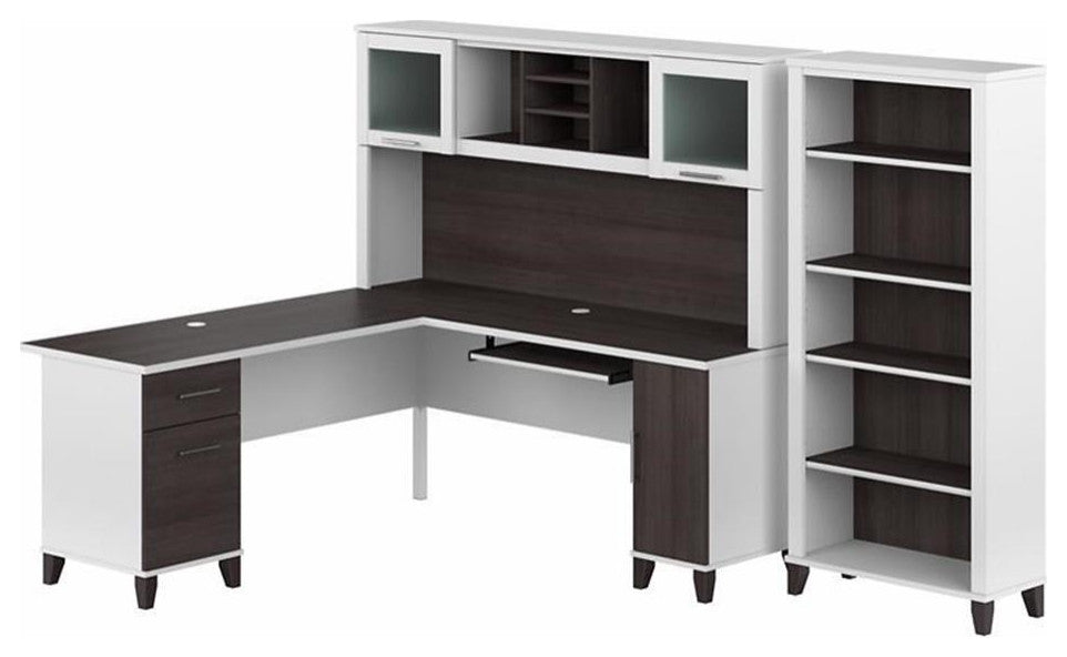 Somerset 72W L Desk with Hutch and Bookcase in White/Gray - Engineered Wood